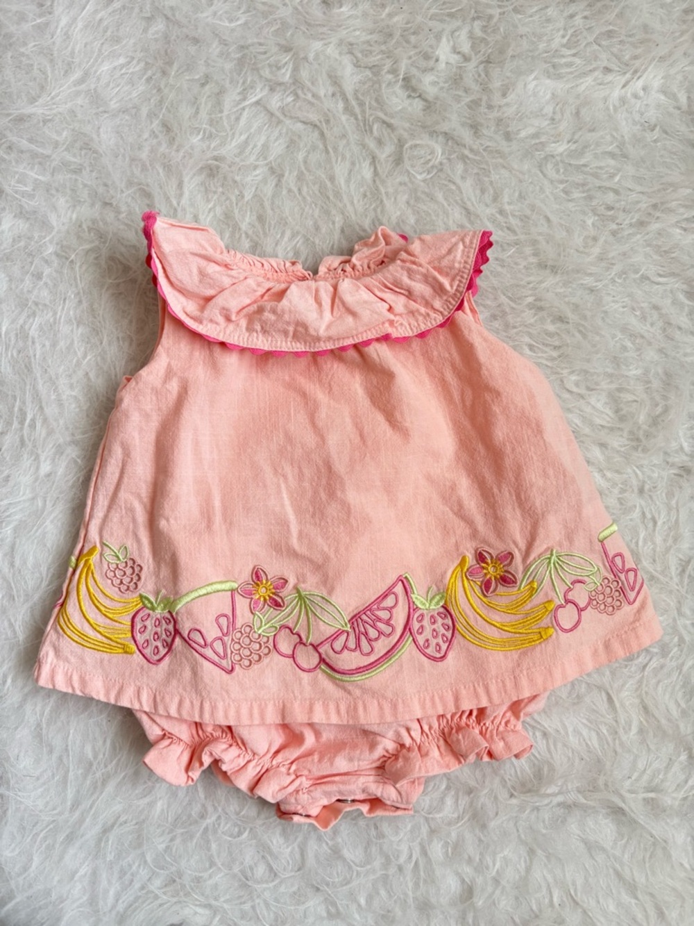 Flapdoodles Peach and Hot Pink Baby Outfit with Embroidered Tropical Fruits